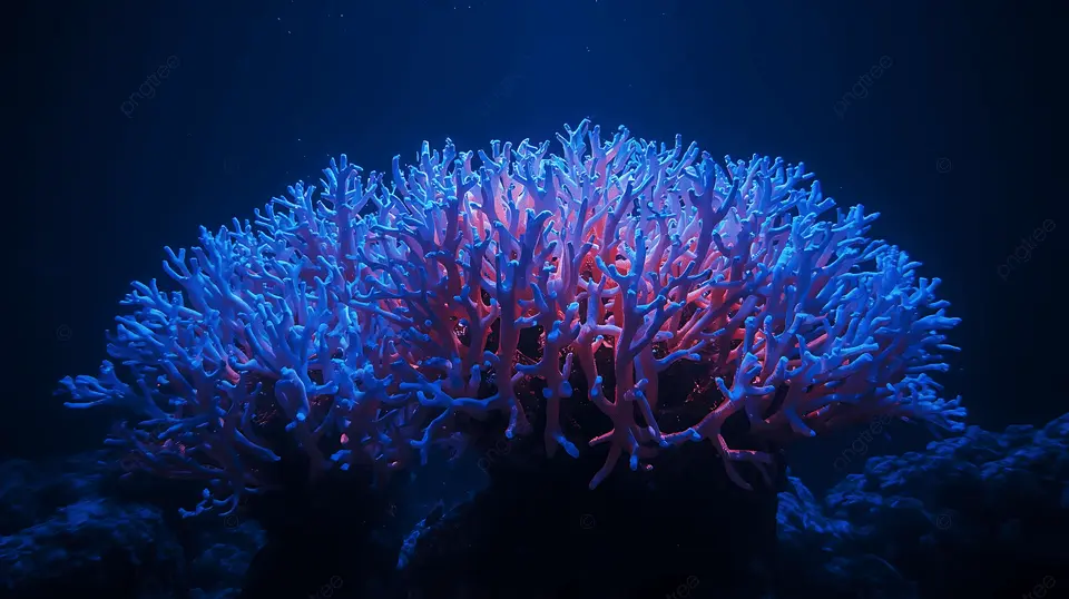 Fluorescent corals glowing under UV light