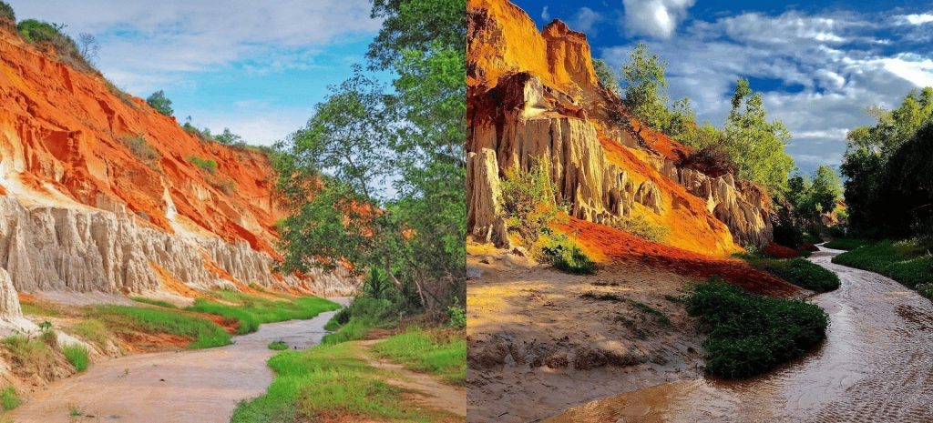 Panorama of Fairy Stream with red cliffs and sand formations