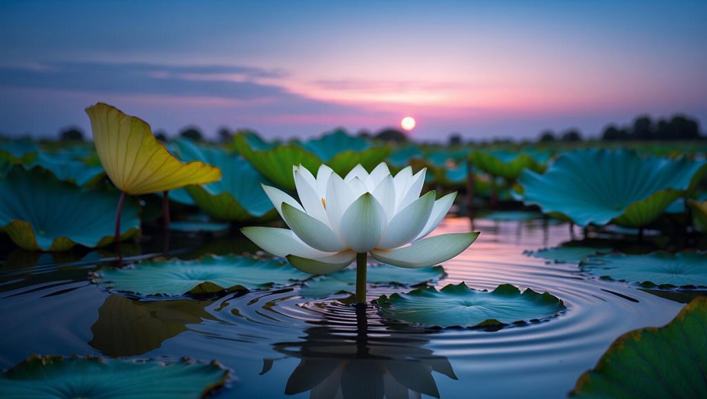 Wide-angle and close-up shots of lotus flowers blooming on Bau Trang Lake.