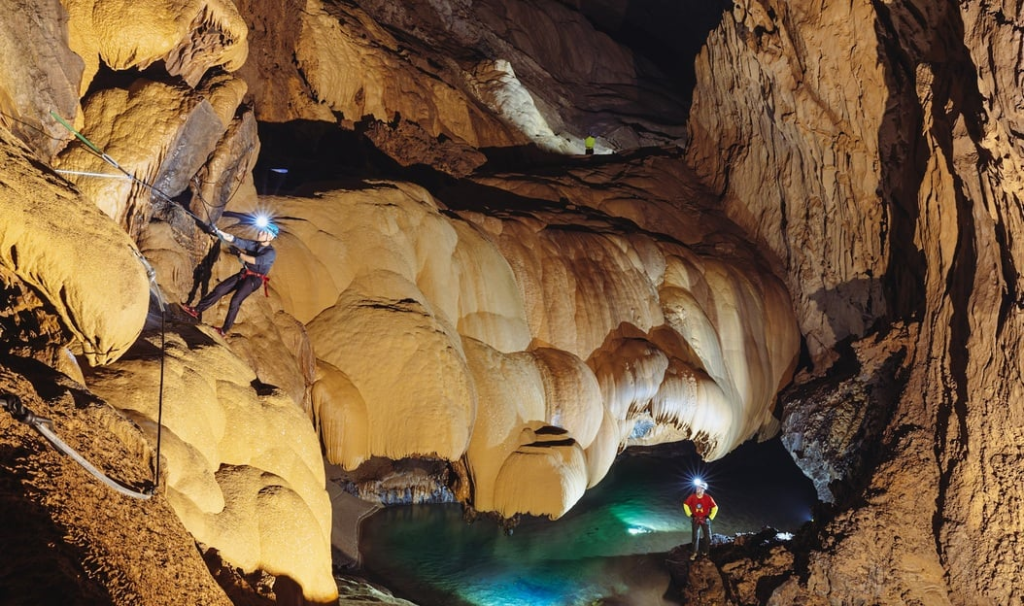 Panorama of Hang Va cave entrance with limestone mountains