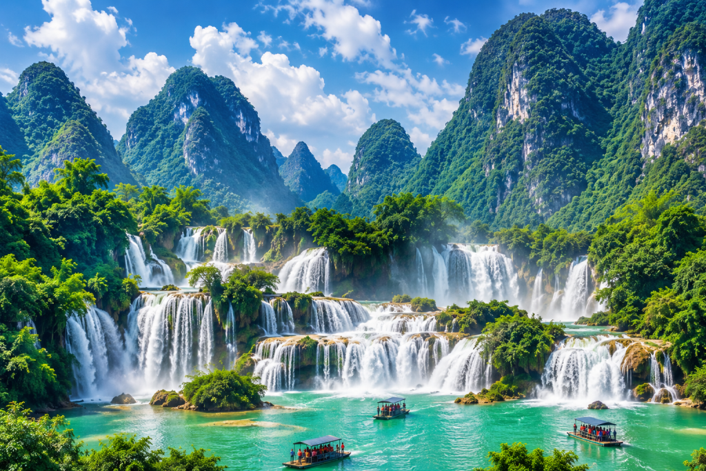 Waterfall surrounded by limestone mountains