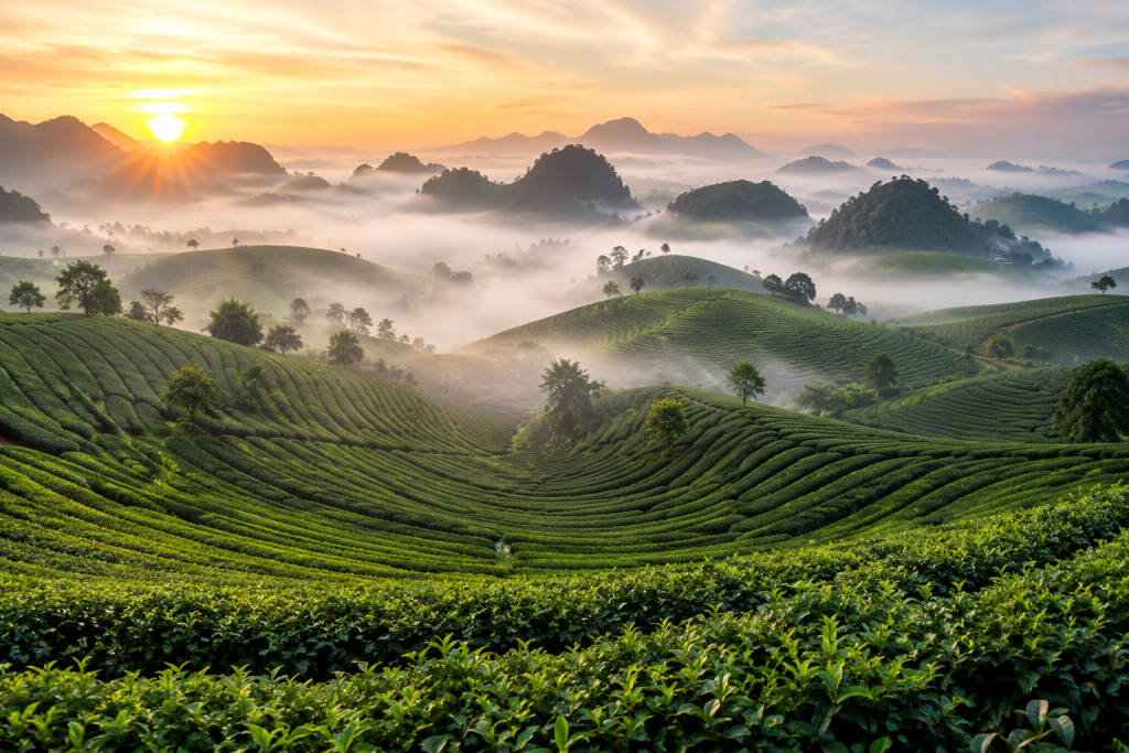 Moc Chau 2D1N Private Tour overlooking green tea hills in Northwest Vietnam