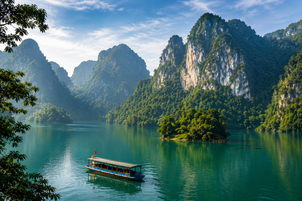 Ba Be Lake surrounded by limestone mountains